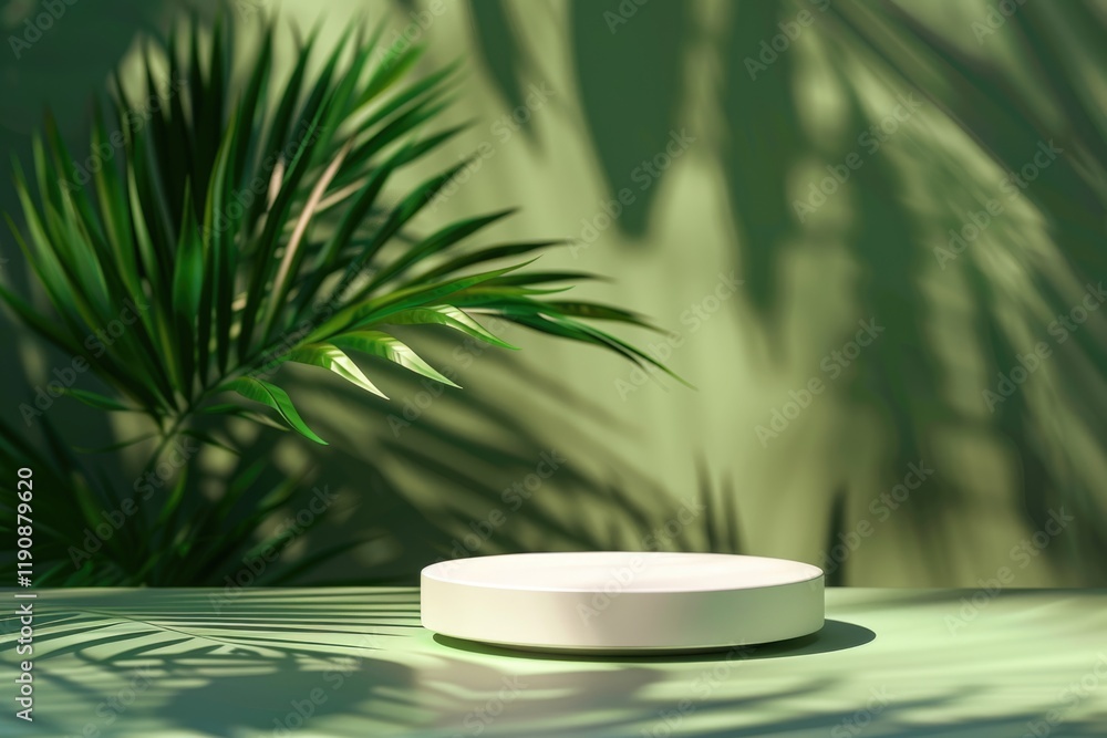 Abstract cosmetic product display with tropical palm leaf shadow backdrop. Abstract cosmetic product display with tropical palm leaf shadow backdrop.