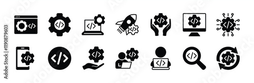 Programming coding icon vector set. Containing Software development, web page, computer program, programmer, developer, app, developer, information technology, testing, process, startup
