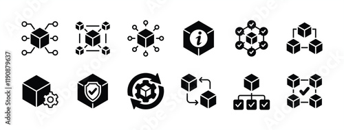 Blockchain technology icon vector set. Containing mechanism, encryption, advanced data, information, share, connection, business network, consistency, manage, secure, structure