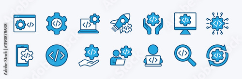 Set of programming coding icon. Contains Software development, web page, computer program, programmer, developer, app, developer, information technology, testing, process, startup. Vector illustration