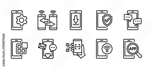 Application on mobile phone thin line icon set. Containing searching app on smartphone, settings, share connection, download, protection, message, social media, scan barcode, wifi. Vector illustration