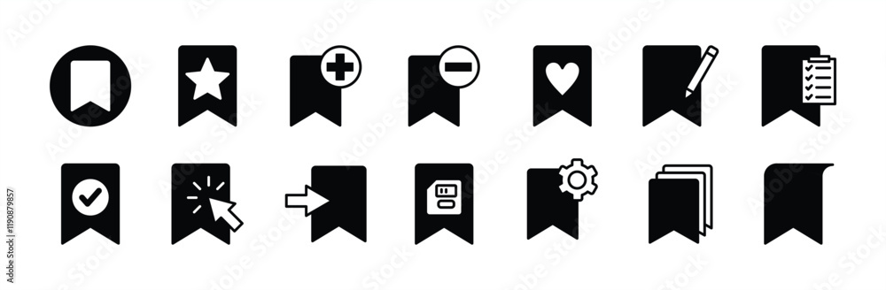 Web page site bookmark icon vector set. Containing click button, add, remove, star favorite, rename or edit, list, save, settings, enter, copy, primary, open, manager, show Web page site bookmark icon vector set. Containing click button, add, remove, star favorite, rename or edit, list, save, settings, enter, copy, primary, open, manager, show