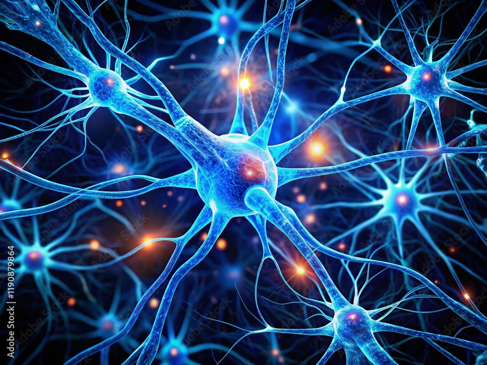 Obraz premium Microscopic Blue Neuron Network: Synapses & Brain Cell System, Medical Biology Background