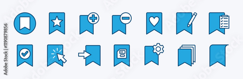 Set of web page site bookmark icon. Containing click button, add, remove, star favorite, rename or edit, list, save, settings, enter, copy, primary, open, manager, show. Vector illustration