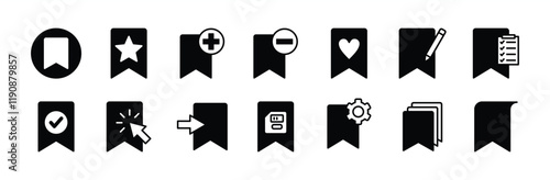 Web page site bookmark icon vector set. Containing click button, add, remove, star favorite, rename or edit, list, save, settings, enter, copy, primary, open, manager, show
