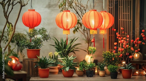 A festive, eco-conscious Chinese New Year display featuring fabric lanterns, potted plants, and biodegradable decorations arranged for a sustainable celebration.