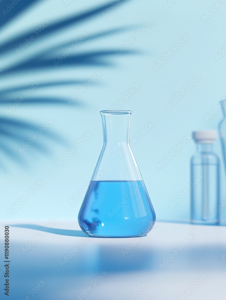 A Science Beaker in the laboratory on a table white and light blue background.. laboratory equipment out of focus. A Science Beaker in the laboratory on a table white and light blue background.. laboratory equipment out of focus.