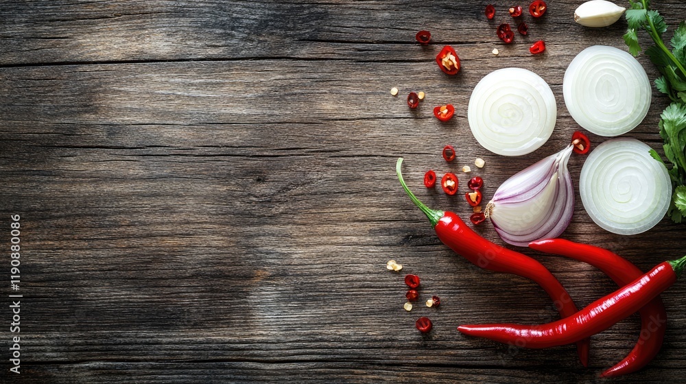 Fresh onion slices, peeled garlic cloves, and red chili peppers on a wooden surface. Fresh onion slices, peeled garlic cloves, and red chili peppers on a wooden surface.