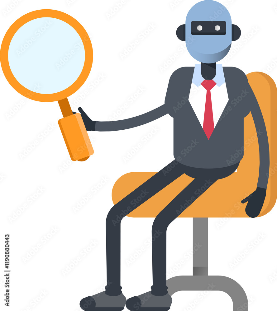 Humanoid Office Worker Character Sitting and Holding Magnifier
