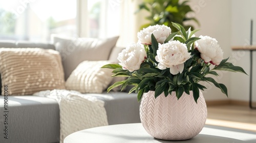 Wallpaper Mural Gorgeous peonies in a textured pink planter, displayed in a well-lit minimalist home setting. Torontodigital.ca