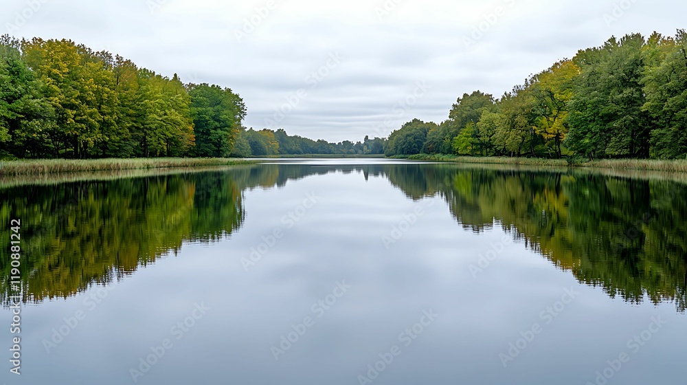 A serene, reflective lake surrounded by lush forest, under a cloudy sky, creating a tranquil and picturesque nature scene. A serene, reflective lake surrounded by lush forest, under a cloudy sky, creating a tranquil and picturesque nature scene.