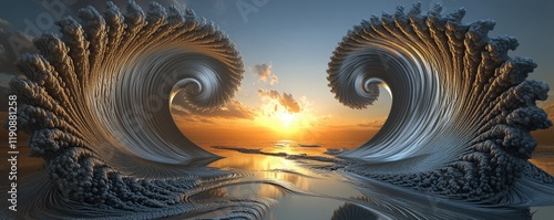 Surreal Ocean Waves at Sunset A Digital Art Landscape with Vivid Colors and Dreamy Atmosphere
