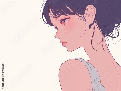 Profile of a young woman with dark hair pulled back in a loose bun, showcasing delicate features and soft, subtle shading, digital illustration with a minimalist aesthetic.