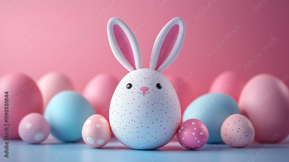 Fototapeta premium Easter white egg with rabbit ears. The Easter banner is pink.