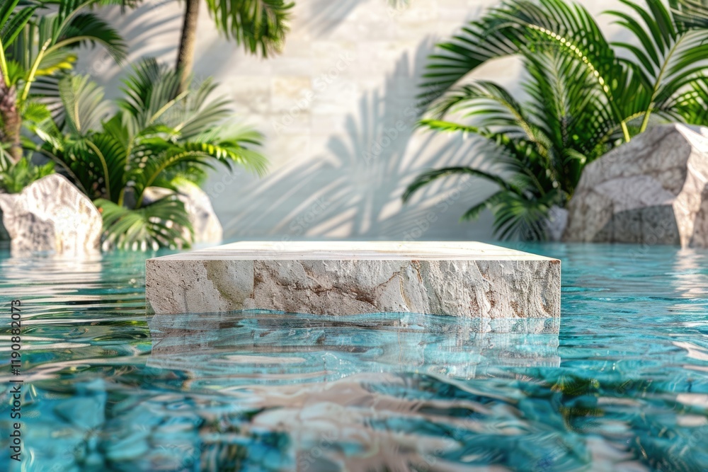 Fototapeta premium Luxury poolside display with stone podium and tropical background.