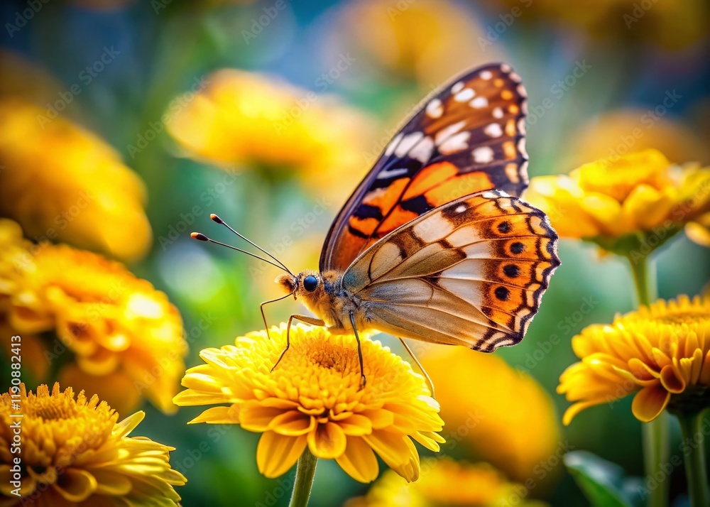 Miniature Butterfly on Vibrant Yellow Flower Closeup - Tilt-Shift Photography Miniature Butterfly on Vibrant Yellow Flower Closeup - Tilt-Shift Photography