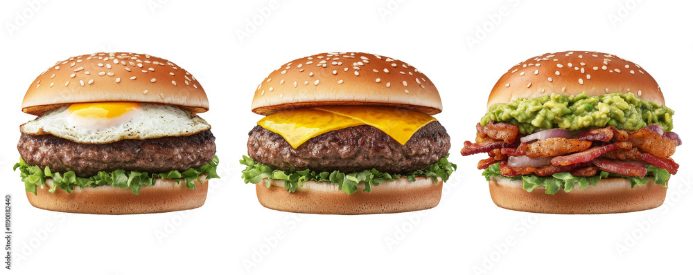 Gourmet burger set with bacon lettuce tomato and cheese in studio shot Gourmet burger set with bacon lettuce tomato and cheese in studio shot