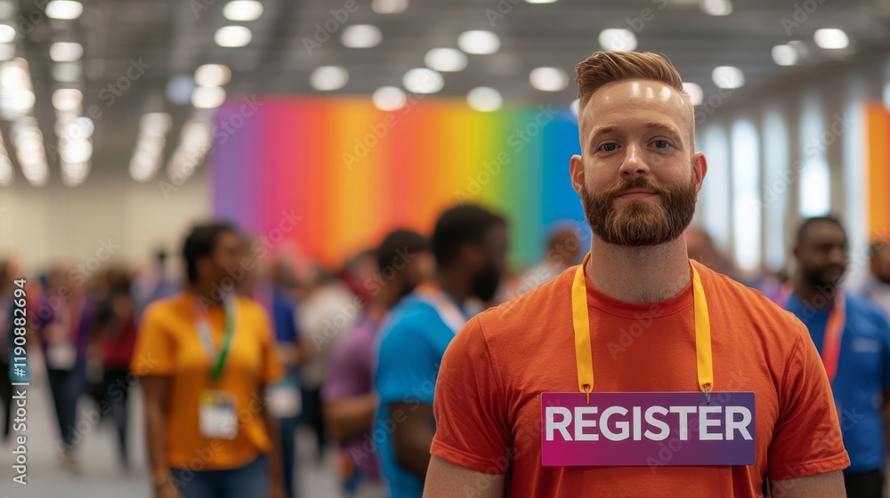 Register now for enrollment. A man with a registration badge stands in a colorful event crowd. Register now for enrollment. A man with a registration badge stands in a colorful event crowd.