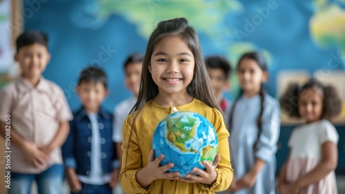 A smiling girl holds a globe in a classroom, surrounded by classmates, highlighting themes of education and global awareness.