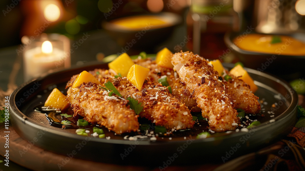 Fototapeta premium Paleo coconut chicken tenders: Juicy chicken tenders coated with shredded coconut, baked until golden, and served with a tangy mango dip for a delicious snack.