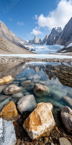 A beautiful mountain range with a lake in the foreground photo