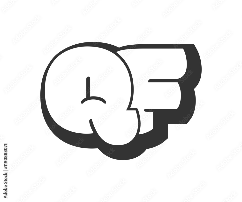 QF logo, bubble comic lettering, rounded in graffiti style black and white silhouette. Trendy preschool Q and F letter text for festival party, personal initials, children funky print and web. QF logo, bubble comic lettering, rounded in graffiti style black and white silhouette. Trendy preschool Q and F letter text for festival party, personal initials, children funky print and web.