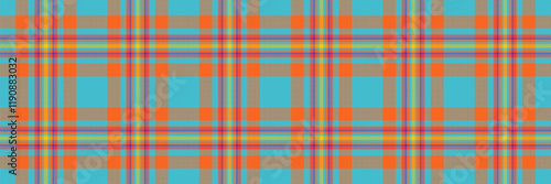 Native background tartan fabric, warmth pattern plaid texture. Sofa vector seamless check textile in cyan and orange colors.