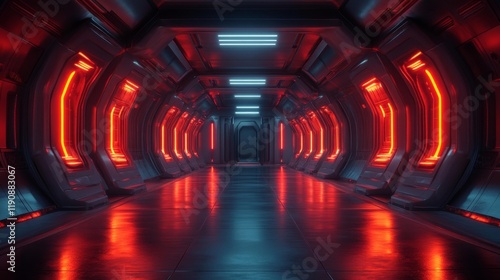 Futuristic Neon-Lit Hallway. Generative AI photo