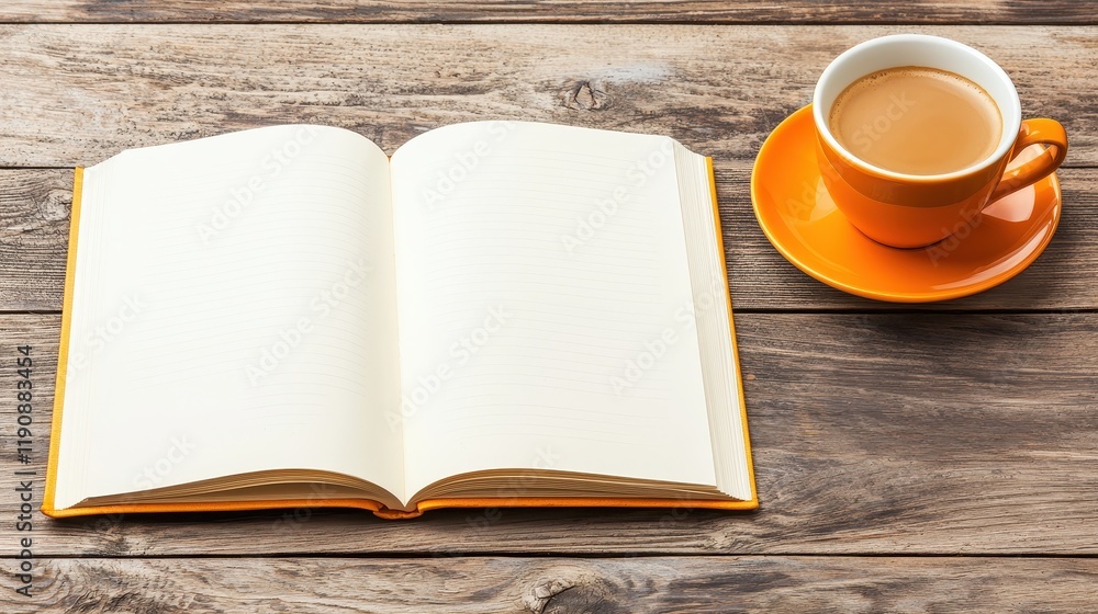 Open Notebook with Lined Pages and a Cup of Coffee on Rustic Wooden Table Open Notebook with Lined Pages and a Cup of Coffee on Rustic Wooden Table