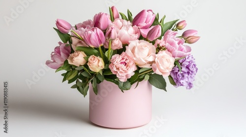Wallpaper Mural Mixed floral arrangement featuring pink tulips, roses, and peonies in a pastel pink pot, on a neutral background. Torontodigital.ca