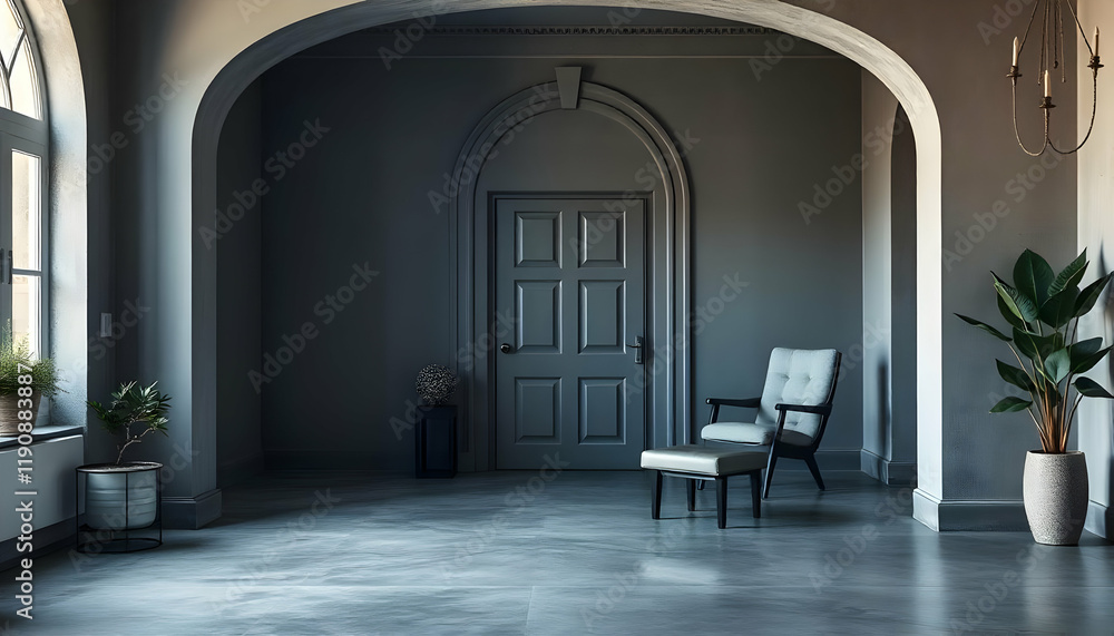 Grey empty living room with arch door, concrete floor and mockup Grey empty living room with arch door, concrete floor and mockup