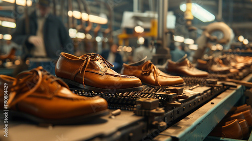 In a shoe factory, skilled workers stitch uppers and attach soles to create durable footwear. Quality checks ensure each pair meets style and comfort standards. photo