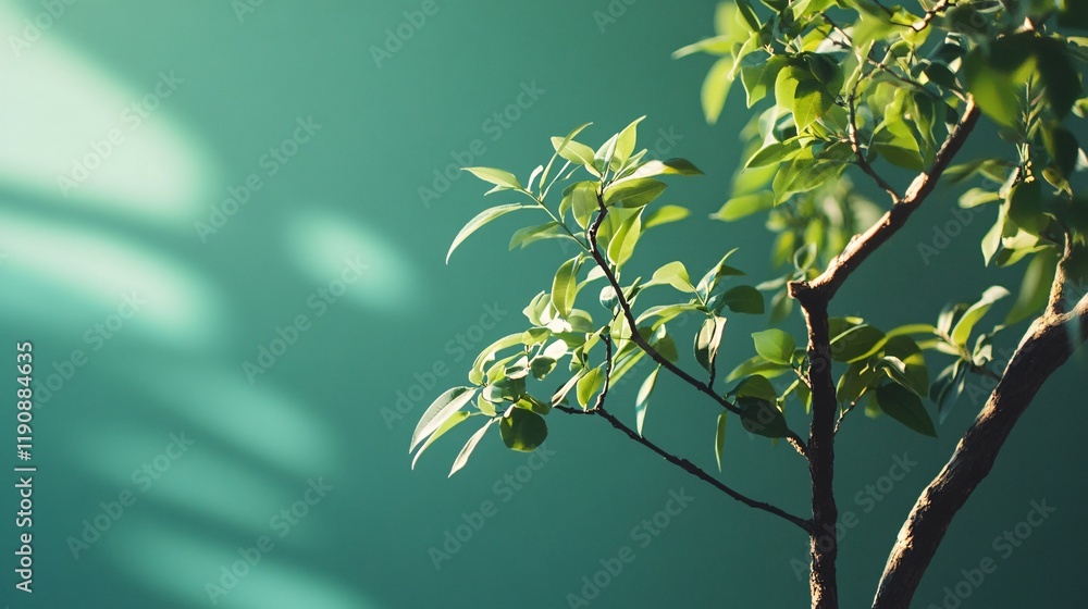 Obraz premium Sunlight filtering through leaves on a branch against green background
