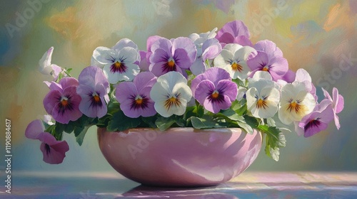 Pansies in soft pastel hues of pink and white, planted in a round pink ceramic pot, against a garden background. photo