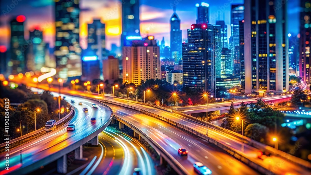 Obraz premium Miniature Night City Highway Traffic Lights, Tilt-Shift Cityscape, Urban Night Traffic, Blurred City Lights, Miniature City at Night
