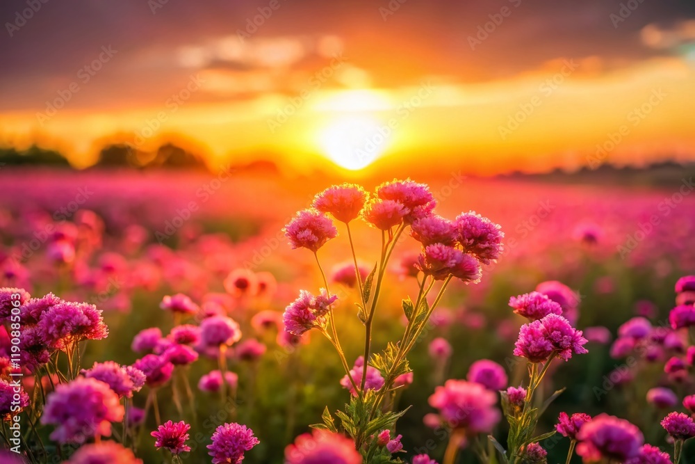 Fototapeta premium Miniature Pink Flower Field at Sunset, Tilt-Shift Photography