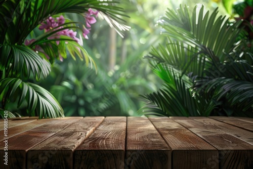 wooden table in front of tropical green floral background. for product display and presentation. photo