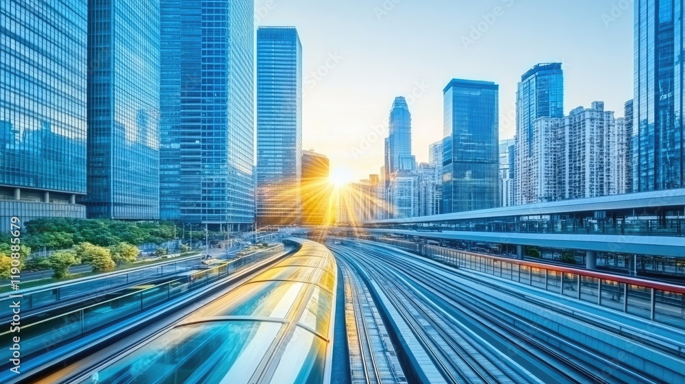 Obraz premium City sunrise, train speeds through modern cityscape
