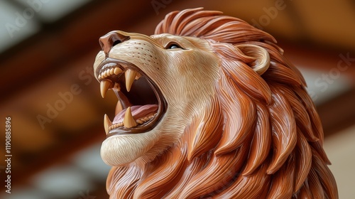 Intricate Wooden Lion Sculpture Roaring Majestically Close up Detail photo