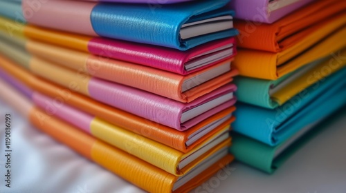 Brightly colored notebooks stacked in a balanced arrangement on a plain surface