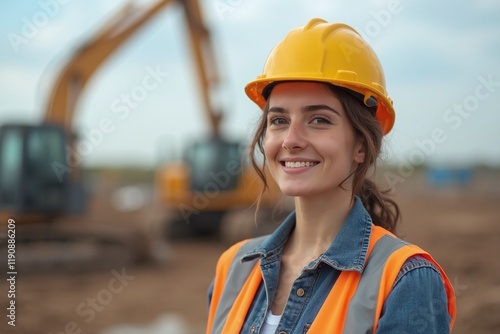 Young female construction worker smiling on site with heavy machinery in background