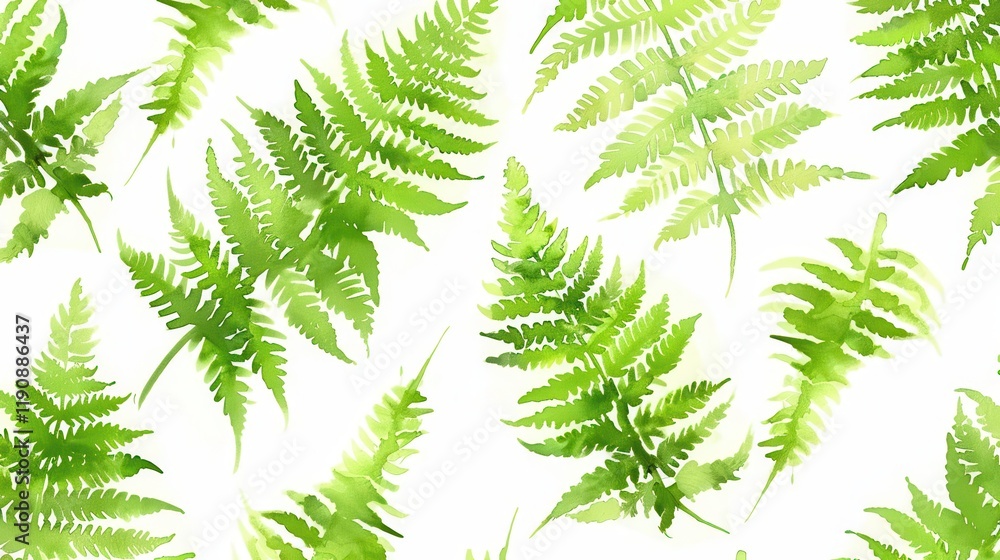 Naklejka premium A watercolor pattern featuring various green ferns on a white background, ideal for design projects.