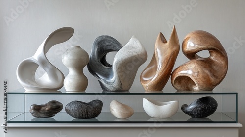 Unique abstract sculptures displayed on glass shelves in an artistic setting