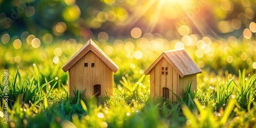Wallpaper Mural Miniature Wooden Houses in Lush Grass: Sustainable Living Concept Stock Photo Torontodigital.ca