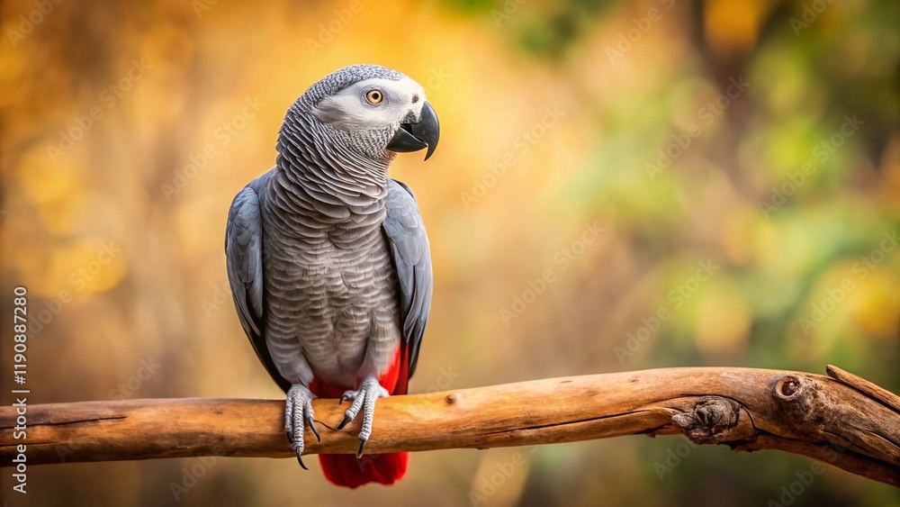 Fototapeta premium Minimalist African Grey Parrot Pet Portrait: Bird on Wooden Branch