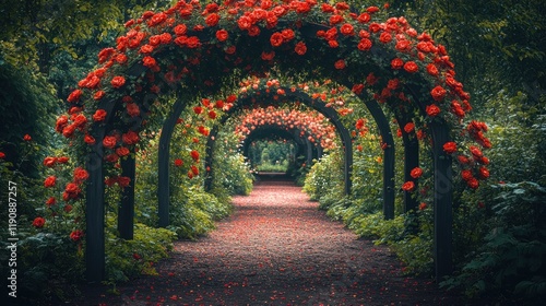 Romantic rose arch pathway in lush garden.