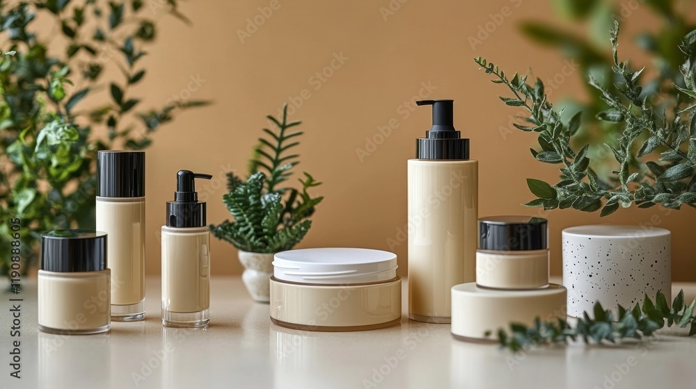 Elegant Beige Cosmetic Product Display. Generative AI Elegant Beige Cosmetic Product Display. Generative AI
