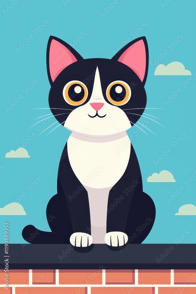 Cute cartoon cat sitting on a brick wall with vibrant blue background and illustrated clouds, perfect for pet lovers Cute cartoon cat sitting on a brick wall with vibrant blue background and illustrated clouds, perfect for pet lovers