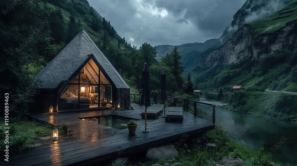 Fototapeta premium Sustainable travel embraces local experiences. It focuses on low impact and explores remote locations. Cozy modern cabin by river in serene mountain landscape