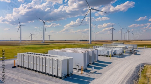 A wind farm with energy storage units in a vast landscape under a blue sky.